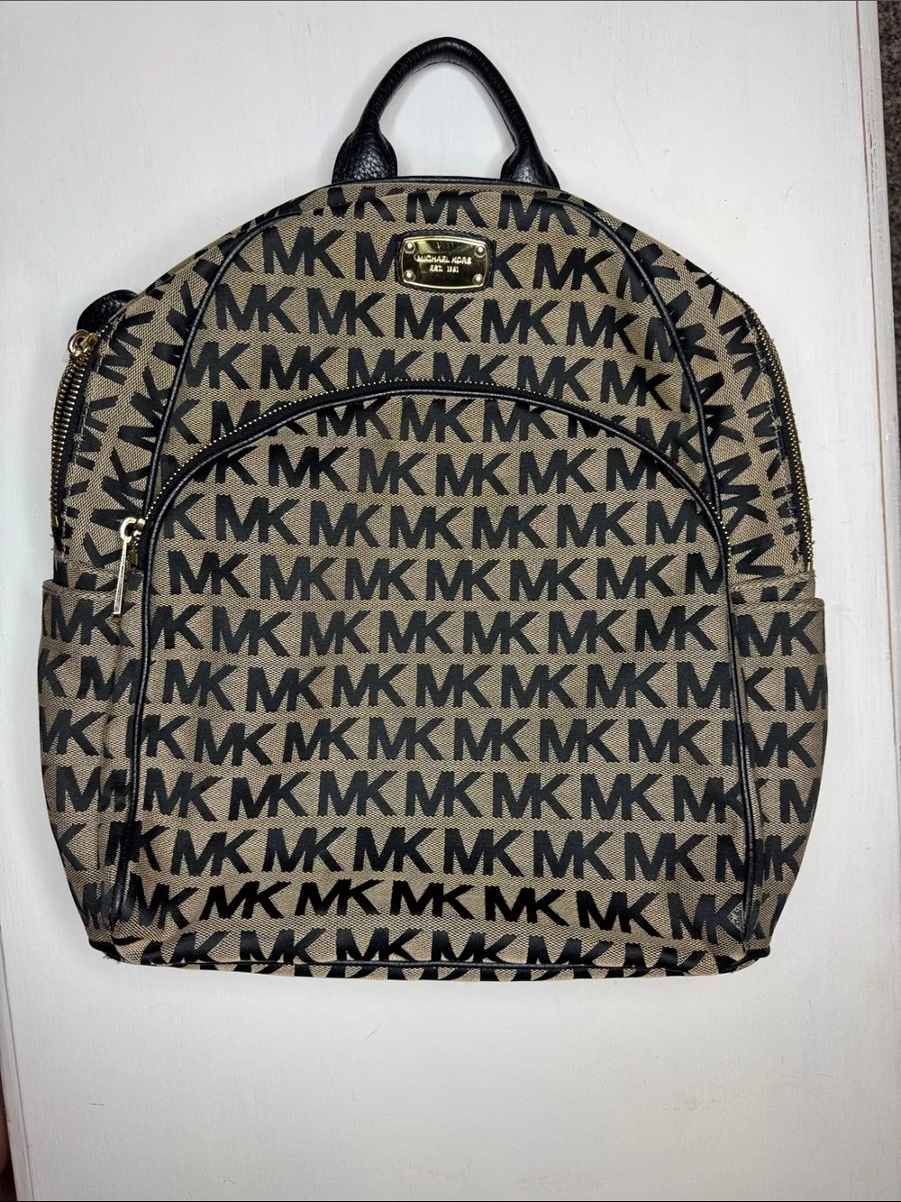 Michael Kors Black and Brown MK Monogram Backpack
